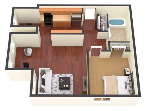 Floor plan for 1 bed, 1 bath, 596 sqft
